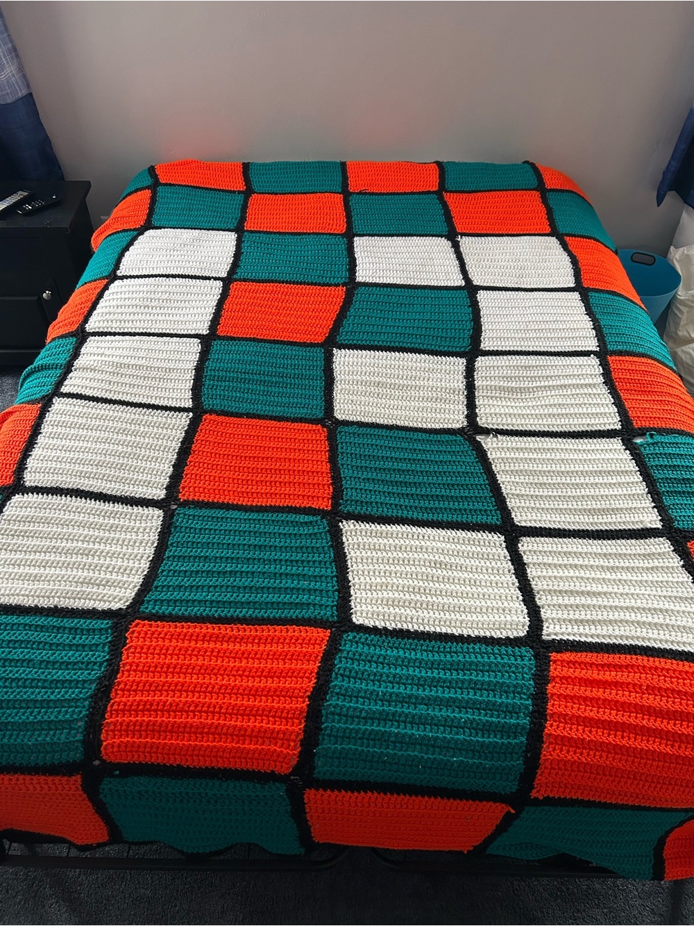 VTG crochet afghan geometric checkered pattern orange, teal, white, black